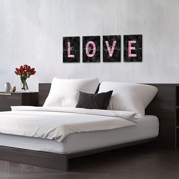 sechars Glam Pink Canvas Wall Art All You Need is Love Sign Decor Fashion Glitter Marble Love Quotes for Girl Women Bedroom Bathroom Valentine's Day Gifts (Black)