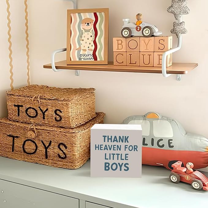 Lacama Boy Nursery Wooden Box Sign, Thank Heaven for Little Boys Decorations Wood Block Signs, Retro Blue Wood Sign for Toddler Little Boys Nursery Room Desk Shelf Wall Decor 5x5 Inches