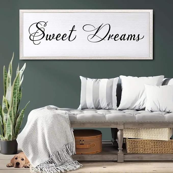 Sweet Dreams Wall Decor Above Bed 40x15 Inch Large Master Bedroom Hanging Wood Rustic Framed Farmhouse Sweet Dreams Sign Guest Room Aesthetic And Minimalist Over Bed Wall Art（White）