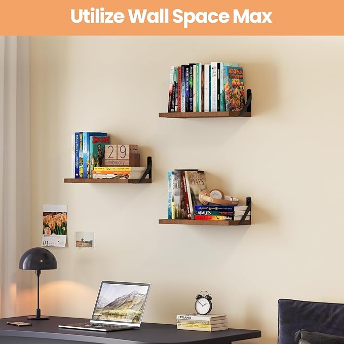 upsimples 15.7 Inches Floating Book Shelves for Wall, Wood Shelves for Living Room, Bathroom, Bedroom, Kitchen Storage and Decoration, Brown