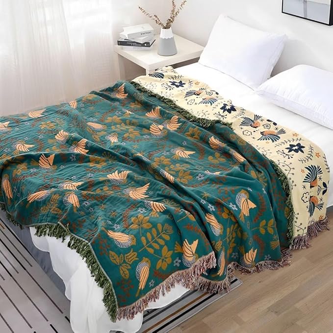 Boho Blanket for Bed 100% Cotton Bohemian Throw Blankets Ultra Soft Woven Muslin Decorative Blankets All Seasons Vintage Quilt Knitted Blanket for Sofa Chair (Colorful, 60"x80")