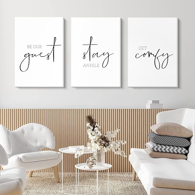 Be Our Guest Wall Decor Guest Room Wall Art Decor Stay Awhile Signs for Home Decor Minimalist Wall Art over the Bed Sign Guest Bedroom Wall Decor Canvas Painting 16x24 Inch (set of 3) Ready to Hang