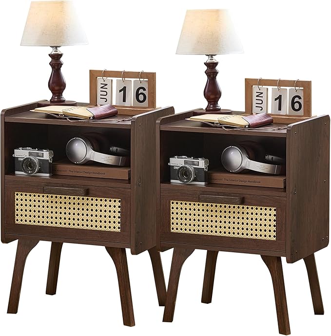 Lerliuo Rattan Nightstands Set of 2, Bedside Table with Drawer Open Shelf, Cane Accent Side End Table with Solid Wood Legs, Walnut Vintage Night Stand for Bedroom, Dorm and Small Spaces