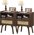 Lerliuo Rattan Nightstands Set of 2, Bedside Table with Drawer Open Shelf, Cane Accent Side End Table with Solid Wood Legs, Walnut Vintage Night Stand for Bedroom, Dorm and Small Spaces