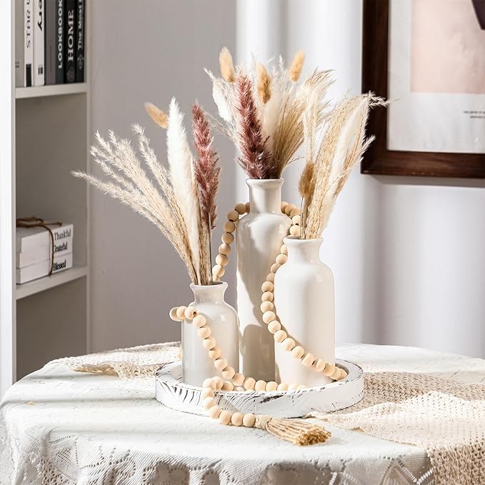 5 Pcs Rustic Country Tabletop Centerpieces Decor Set of 3 Boho Ceramic Vases with Wooden Serving Tray Wood Bead Garland Tassels Table Holder for Home Decorations(White)