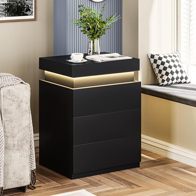 ADORNEVE Nightstand with Charging Station and LED Lights,Night Stand with Sliding Top,Bedside Table with Drawers,Modern End Side Table for Bedroom,Black