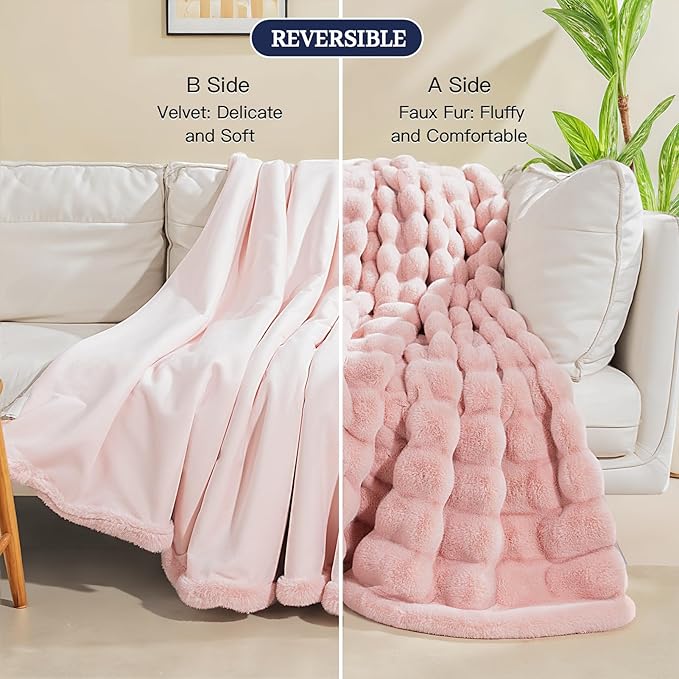 NEXHOME PRO Faux Fur Throw Blanket Pink, Luxury Soft Decorative Cozy Plush Long Shaggy Fluffy Blanket for Sofa Couch Bed Living Room, Reversible Puffy Thick Warm Blanket for Winter, 50"X60"