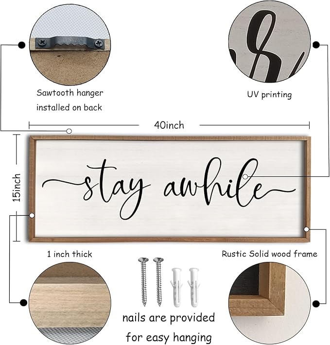 Stay Awhile Living Room Wall Decor 40"X15" for Entryway Minimalist Sign Farmhouse Hallway Rustic Wood Frame Large Vintage Prints Horizontal Home Wall Hanging Art (Wood)