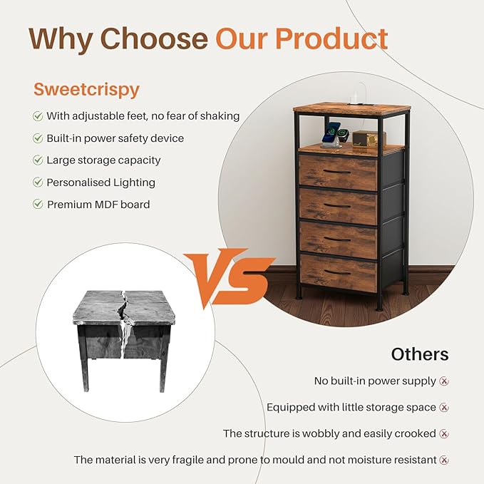 Sweetcrispy Nightstand with Charging Station, Bedside End Table with 4 Fabric Drawers & USB/Type-C Ports and Outlets, Night Stand for Bedroom Furniture, Adjustable Feet and Variable Light Strip, Rust