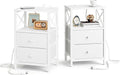 Nightstand Set of 2, Nightstands with Charging Station, Small Bedside Table with Storage Shelf, End Table with USB Ports & Outlets, with Fabric Drawers, for Couch, Bedroom(White) LET105W-2