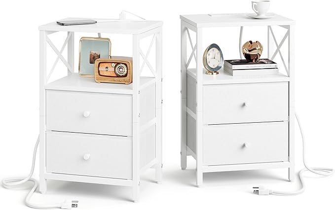 Nightstand Set of 2, Nightstands with Charging Station, Small Bedside Table with Storage Shelf, End Table with USB Ports & Outlets, with Fabric Drawers, for Couch, Bedroom(White) LET105W-2