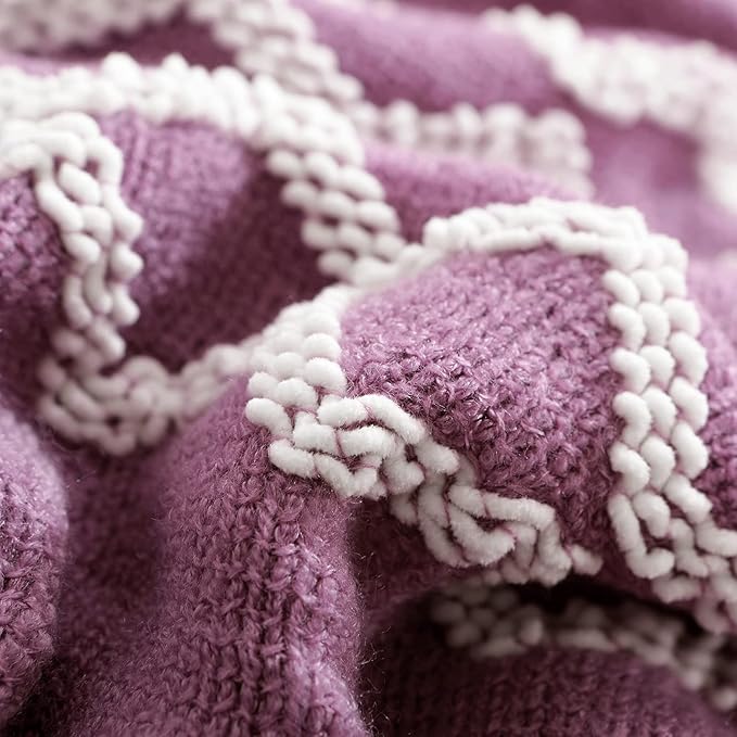 BOURINA Fluffy Chenille Knitted Fringe Throw Blanket Lightweight Soft Cozy for Bed Sofa Chair Throw Blankets, Deep Purple 60"x80"