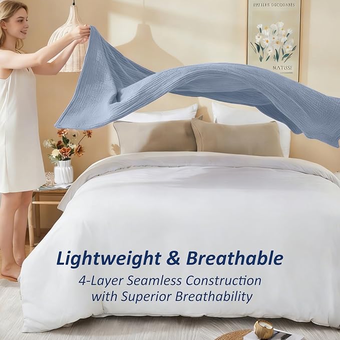 EMME Cotton Muslin King Blanket Bed Layering Bedspread Coverlet Breathable Gauze Soft Lightweight Blankets (Heather Dusty Blue, 108"x90")
