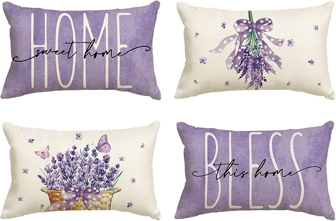 AVOIN colorlife Lavender Bless This Home Spring Throw Pillow Covers, 12 x 20 Inch Purple Cushion Case for Sofa Couch Set of 4