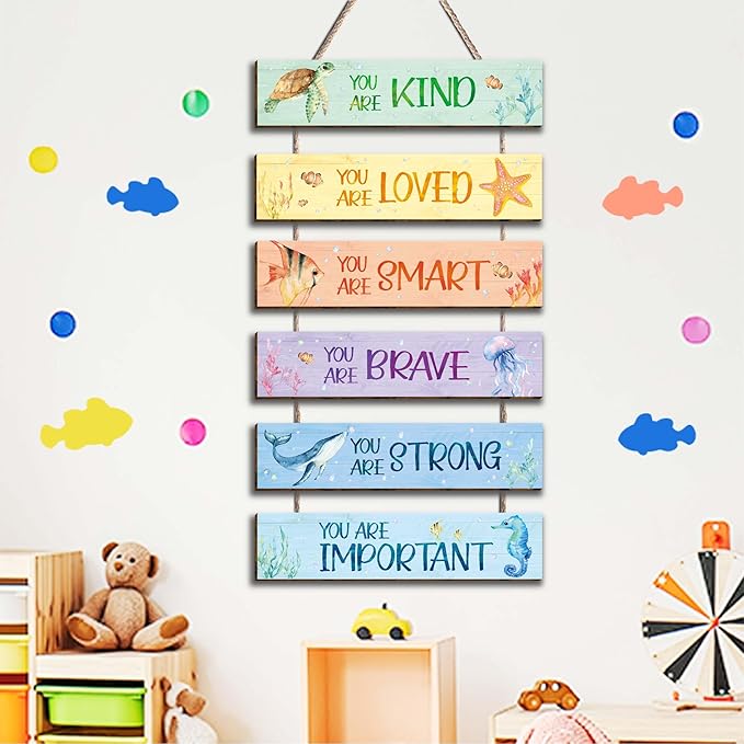 6 Pieces Ocean Decor Kids Room Decor, Watercolor Ocean Inspirational Wall Art Decor for Teens Children Bedroom Princess Toddler Room, Works of art Made of Wood, Works of Art of Wood, Placards of Woods
