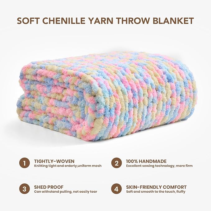 L'AGRATY Chunky Knit Blanket Throw: 50''x60'' Chenille Chunky Knitted Throw Blankets for Bed Couch - Handmade Thick Cable Knit Blanket - Large Crochet Rope Blankets for Home Decor