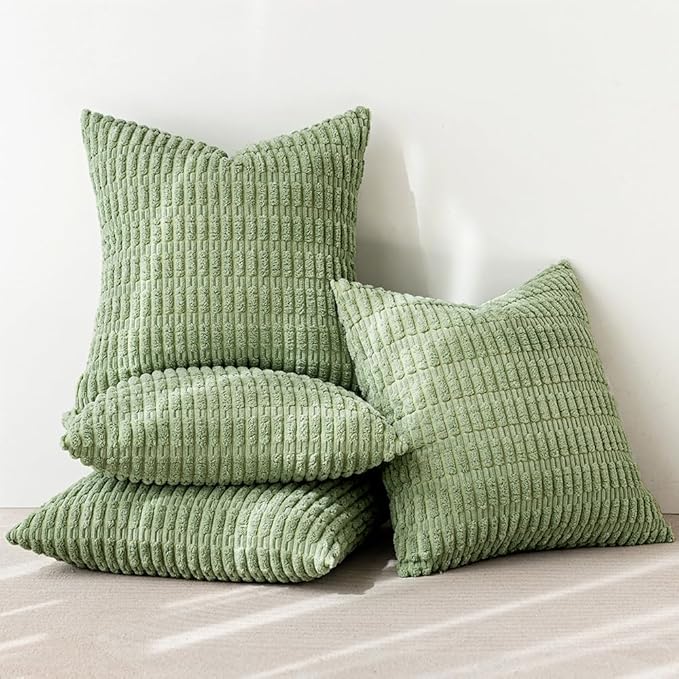 MIULEE Pack of 4 Sage Green Corduroy Decorative Spring Throw Pillow Covers 18x18 Inch Soft Boho Striped Pillow Covers Modern Farmhouse Home Decor for Sofa Living Room Couch Bed