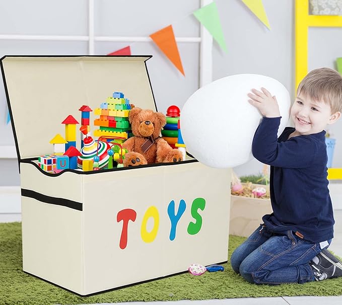 Toy Box Chest, Collapsible Sturdy Storage Bins with Lids, Extra Large Kids Toy Storage Organizer Boxes Bins Baskets for Kids, Boys, Girls, Nursery Room, Playroom, Closet (New Beige)