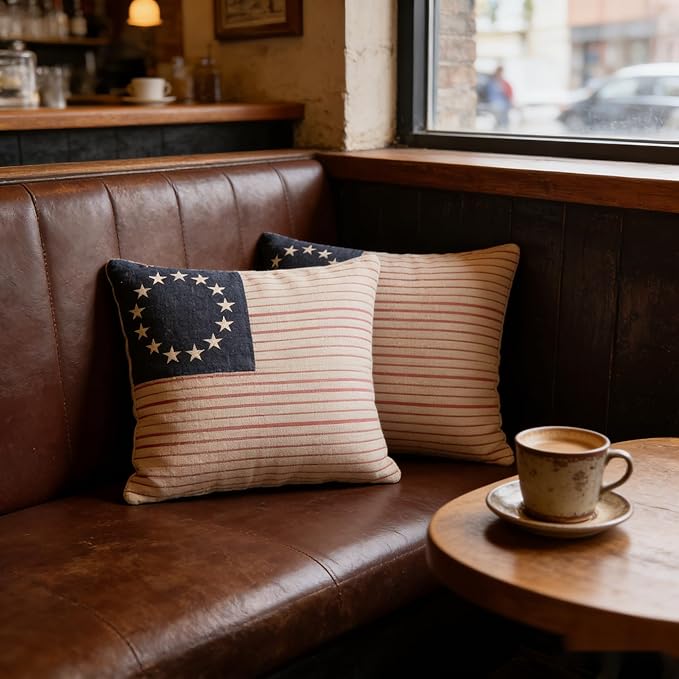 Patriotic American Flag Throw Pillow Covers, Linen, 18x18 Inch, Set of 2, Farmhouse Style, Machine Washable