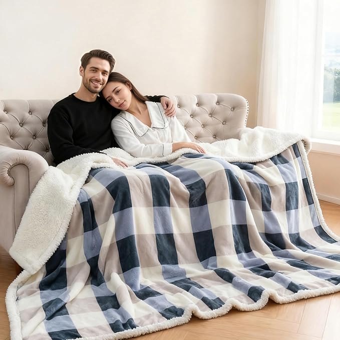 Sherpa Fleece Throw Blanket for Couch, Fluffy Plush Warm Fuzzy Blanket for Women and Men, Cozy Thick Soft Twin Blanket for Bed(Grey-Soft Blue, King (108" x 90"))