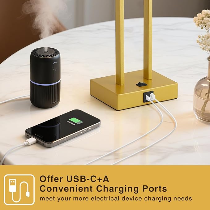 GyroVu Extra Large 25.5" Nightstand Table Lamps for Bedrooms Set of 2, Bedside Lamp with USB C+A, Colors Changeable Living Room Lamp, Modern Night Stand Lamps for Bedside Reading, Gold+White Shade