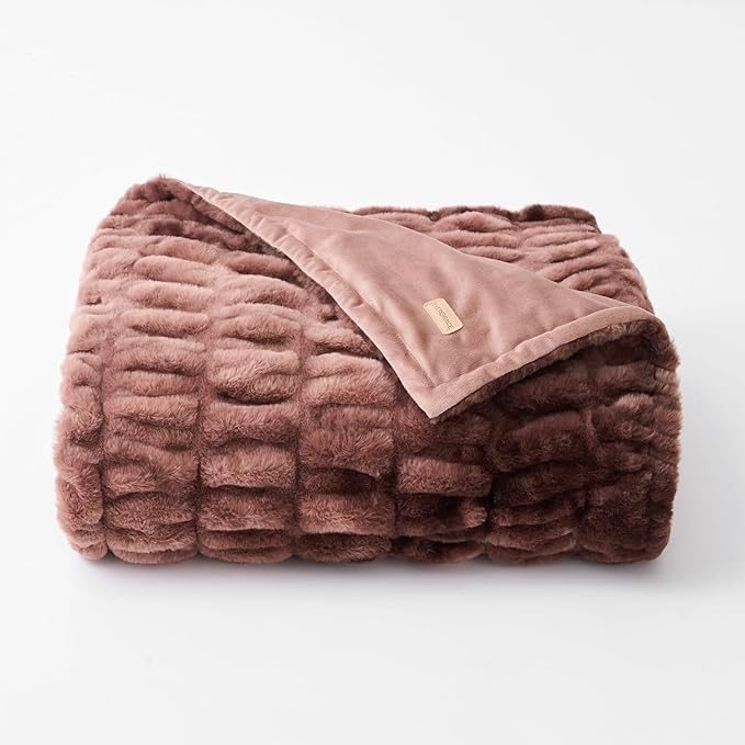 EVERGRACE Luxurious Soft Faux Rabbit Fur Throw Blanket, Cozy Fuzzy Plush Warm Throws for Couch Bed Sofa Chair Home Decor, Ruched Bubble Fluffy Blanket with Reversible Velvet, 50" x 60", Mocha Brown