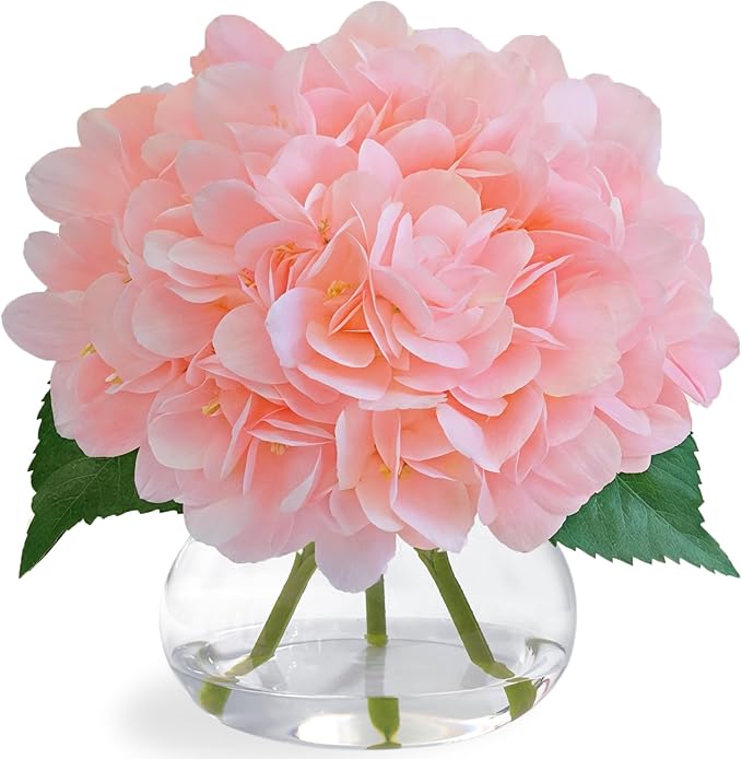 Hydrangea Artificial Flowers in Vase, White Silk Fake Flowers Silk Centerpiece Table Decorations for Dining Room， Coffee Table Decor，Wedding, Home with Faux Water Decor (New Pink)