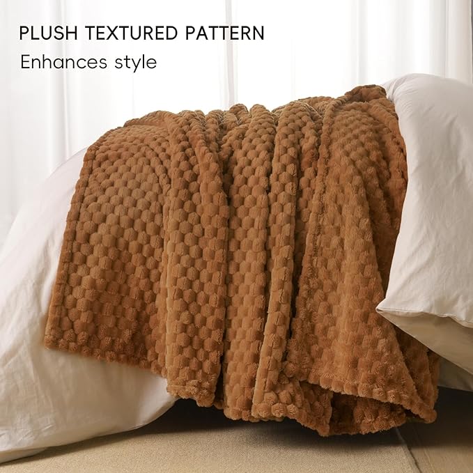 PHF Ultra Soft Flannel Fleece Blanket Queen Size, Lightweight 3D Jacquard Fleece Blanket, No Shedding, No Pilling, Luxury 340GSM Aesthetic Fluffy Cozy for Bed Room Decor, 90"x90", Brown Sugar/Toast