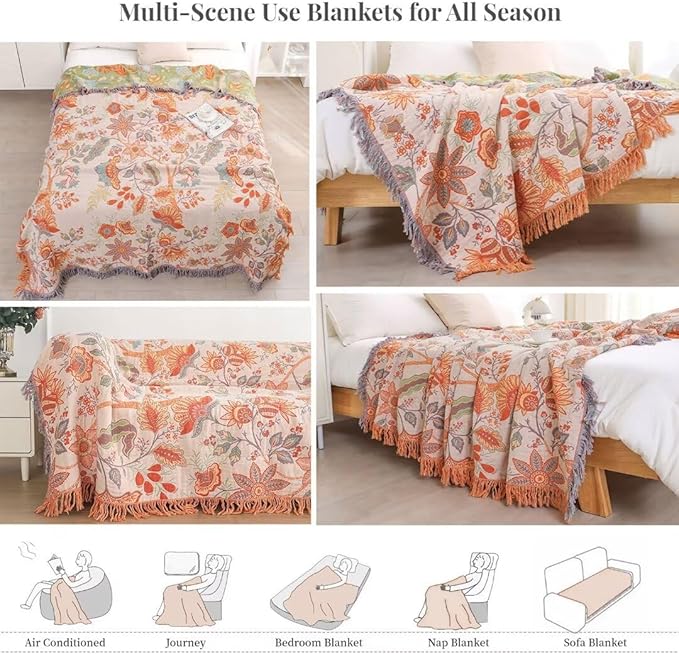 King Size Boho Throw Blankets for Bed, 100% Cotton Woven Blanket Rustic Quilt 90"x98",Lightweight Muslin Throws Farmhouse Blankets for Armchair,Picnic,Sofa,Couch,Beige