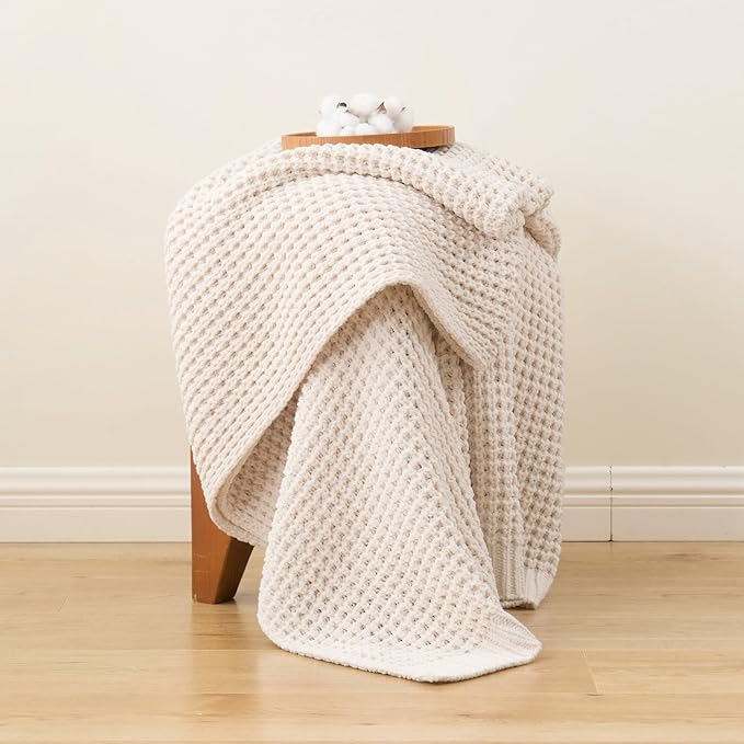 Bunnikins & Clover Cream White Throw Blanket for Couch, Waffle Ivory Throw Blanket for Bed, Warm Decorative White Blanket Throw for Home Decor, 60"x80"