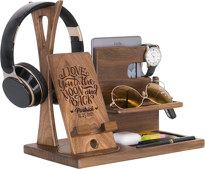 Personalized Desk Organizer for Husband Boyfriend - Handmade Accessories Organizer with Rotating Phone Stand, Headphone Stand, Watch Holder - Unique Gift Ideas for Him Her on Birthday Anniversary