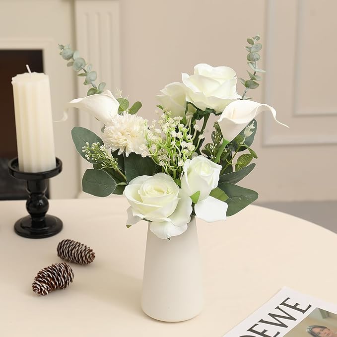 Fake Flowers with Ceramic Vase, Artificial Silk Roses in a Vase, Faux Flowers Plants Arrangements for Centerpiece Table Decorations, Living Room Bathroom Dining Table Home Décor(White)