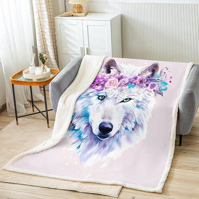 3D Wolf Sherpa Blanket, with Green Eyes Wild Animal Blooming Flower Splash Watercolour Tie Dye Blanket Throw, Decorative Sofa Fleece Blanket Lightweight, Throw 50"x60", Black White