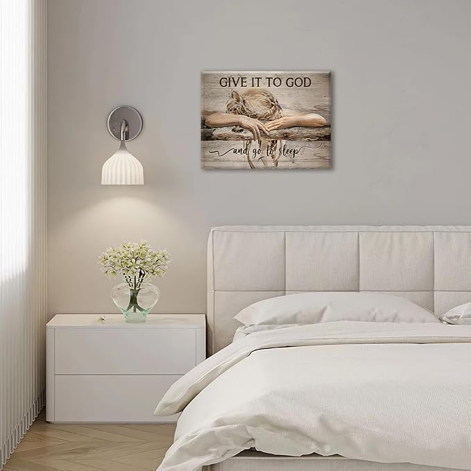 Farmhouse Wall Decor for Bedroom Give It to God and Go to Sleep Sign Pictures Rustic Above Bed Wall Art Christian Girl Sleep Painting Country Bible Verse Canvas Framed Print Artwork 20"x16"