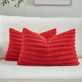 FUTEI Red Decorative Throw Pillow Covers Set of 2, 12x20 Inch Soft Fluffy Faux Fur Plush Striped Lumbar Pillowcases, Modern Home Decor for Couch Bed Living Room