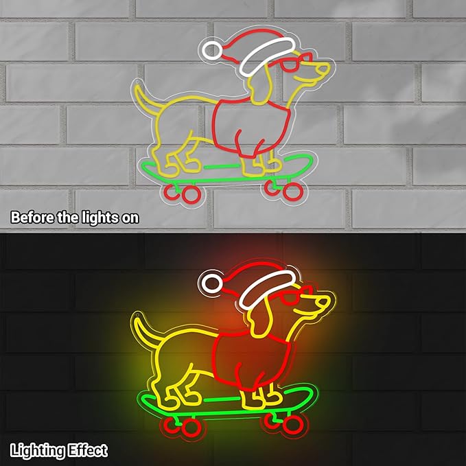 Christmas Neon Sign, Gift for Dachshund Women, Dimmable Dog Lover Gift for Christmas Decorations USB Powered 14.9x13.4in