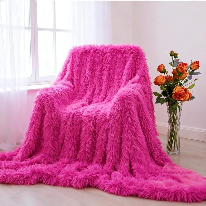 Plush Super Soft Blanket Bedding Sofa Cover Furry Fuzzy Fur Warm Throw Qulit Cozy Couch Blanket for Winter (63"x79", Rose Pink)