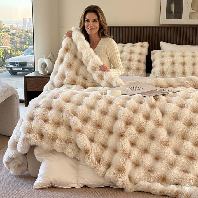 Luxury 1000GSM Double-Sided 3D Bubble Throw Blanket, 60x80 Inches, Reversible Two-Tone Faux Rabbit Fur, Frosted Black & Khaki White-Tipped, High-Density Ultra Soft Warm Blanket for Sofa