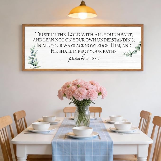 Trust in the Lord with All Your Heart Wall Art: 40"x15" Framed Bible Verse Wooden Sign, Proverbs 3:5–6 Christian Wall Decor, Large Rustic Scripture Home Decor, Natural