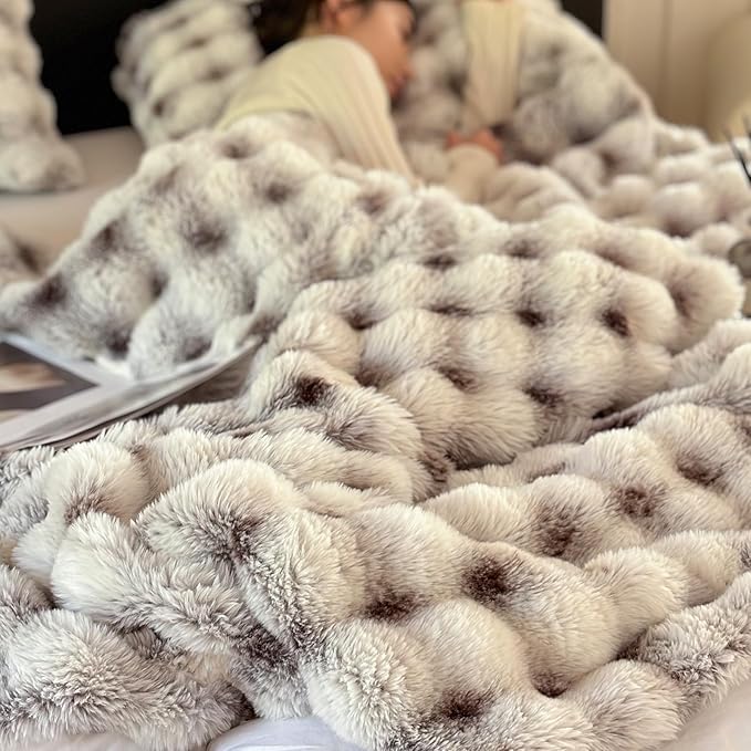 Luxury 1000GSM Throw Blanket, 60x80 Inches, Ultra Soft Double-Sided 3D Bubble Textured Faux Rabbit Fur, Frosted Brown & White, Reversible High-Density Plush Warm Blanket for Sofa & Bed