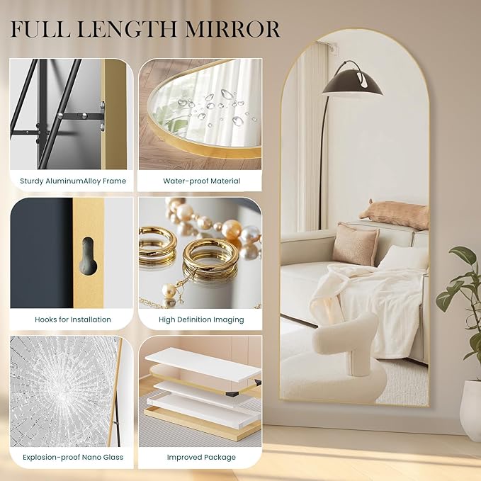 NEWBULIG Arched Full Length Mirror 71.1"x26" for Bedroom, Full Body Mirror with Stand, Hanging or Leaning for Wall, Aluminum Alloy Thin Frame Floor Standing for Living Room, Long, Classical Gold