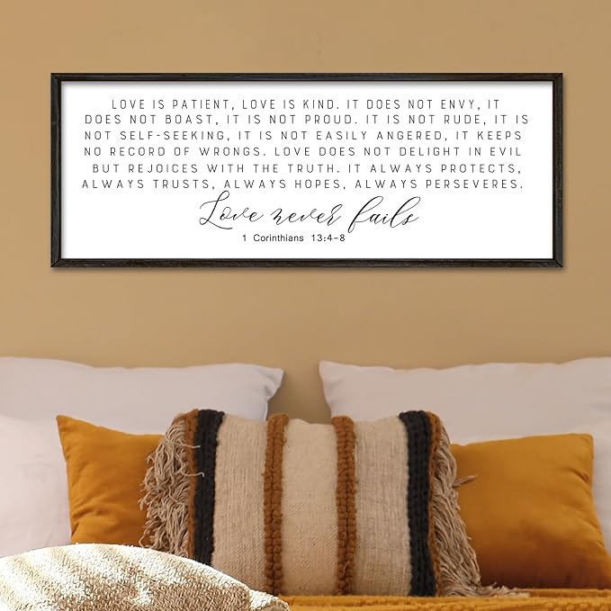 Love is Patient Wall Art Decor 40"×15" Love is Kind Bible Verse Sign 1 Corinthians 13 4-8 Scripture Quote Master Bedroom Above Bed Christian Couple Large Wood Framed Hanging (Black)