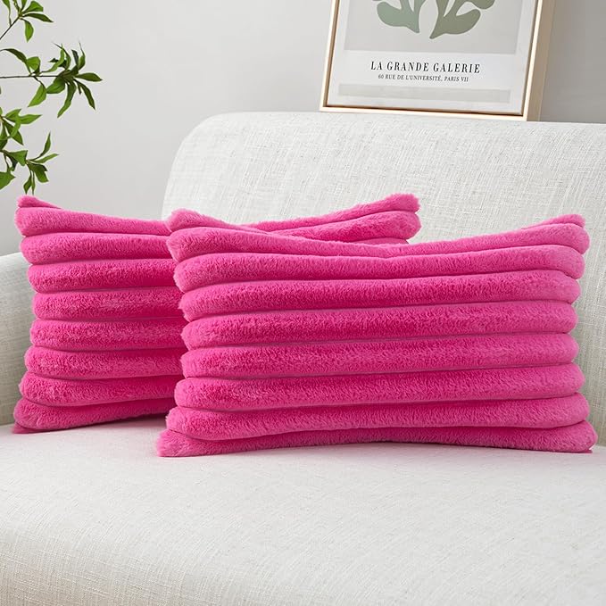 MIULEE Faux Fur Lumbar Decorative Throw Pillow Covers 12x20 Inch Set of 2, Retro Vintage Boho Spring Home Decor Soft Plush Couch Pillows Cozy Fluffy Cushion Covers for Sofa Bed Hot Pink