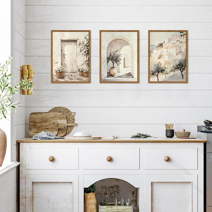 Framed Vintage Italian Wall Art Set of 3, Rustic Neutral Olive Tree Pictures Wall Decor, Mediterranean Farmhouse Landscape Paintings Canvas Prints Country Home Decor for Living Room Bedroom 12x16 inch