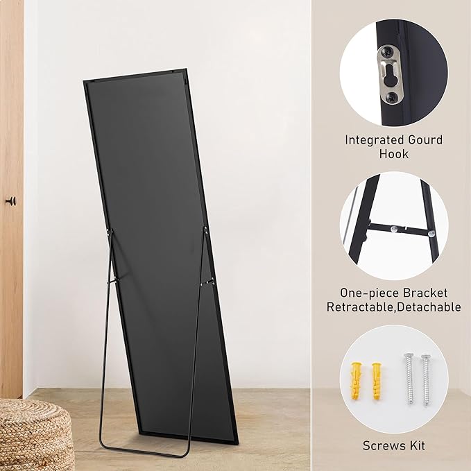 OLIXIS Full Length Mirror for Bedroom, 58"x19" Full Body Mirror with Stand, Hanging or Leaning for Wall, Aluminum Alloy Thin Frame Floor Standing for Living Room, Long, Black