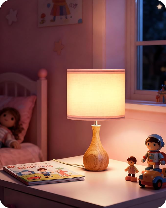 Small Table Lamp, 14.2" Cute Little Desk Lamp with Wood Bottle-Shaped Base & Pink Linen Lampshade, Bedside Lamp with Cable, E26 Base, Bulb Not Included, for Bedroom, Natural MP09TL05