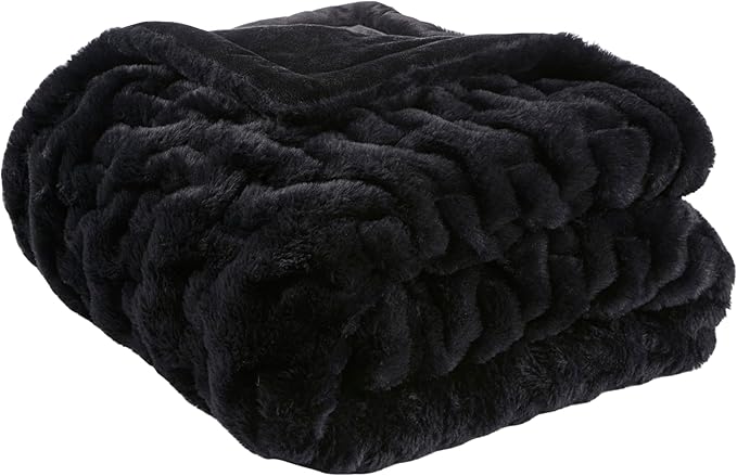 Madison Park Ruched Luxury Throw Premium Soft Cozy Brushed Long Faux Fur For Bed, Couch or Sofa, 50 x 60 in, Black