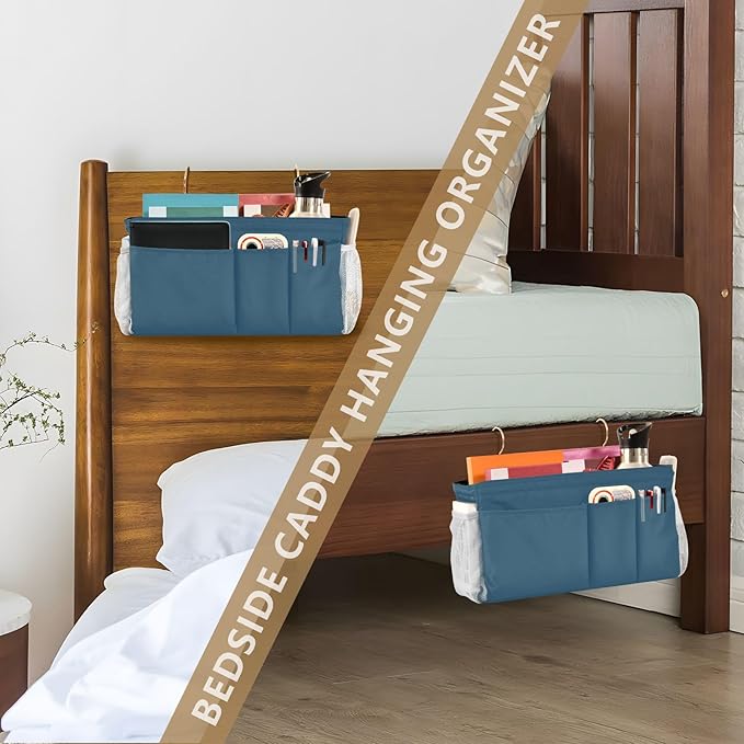 DOMIKING Caribbean Blue Bedside Caddy for Dorm Bed Recliner Armrest Organizer with Hooks Haning Storage Pockets for Bunk Bed Headboards Rails