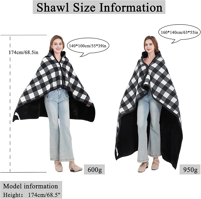 forestfish Fleece Wearable Blanket, Plaid Lap Blanket Comfy Poncho Throw with Buttons for Bed Sofa Office, Black-White