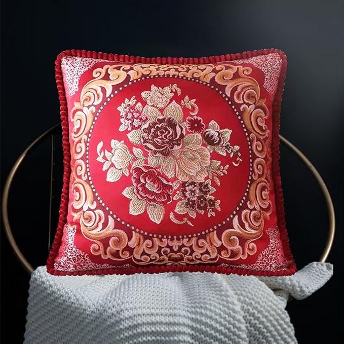 SZHELEJIAM Throw Pillow Covers 18x18 Set of 2, Jacquard Retro Embroidered Cushion Covers for Sofa Living Room, Red Decorative Pillow Cases Red